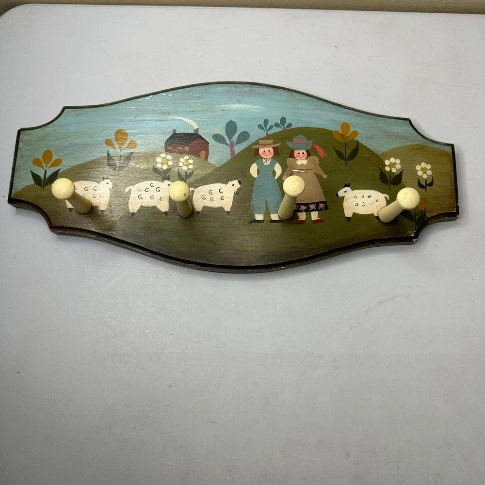 Vintage 1963 Folk Art Hand Painted Wood Wall Rack Sheep Pastoral Scene A Erdle